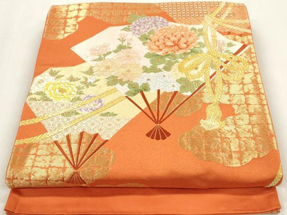 平和屋着物◎六通柄袋帯　唐織　扇面花文　金糸　正絹　逸品　DAAZ8616qa