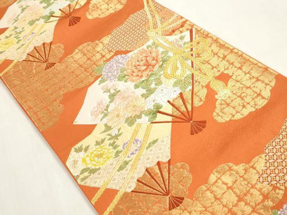 平和屋着物◎六通柄袋帯　唐織　扇面花文　金糸　正絹　逸品　DAAZ8616qa
