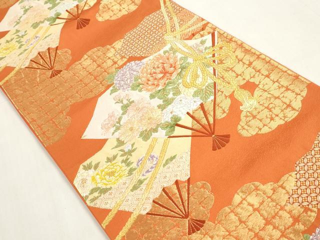 平和屋着物◎六通柄袋帯　唐織　扇面花文　金糸　正絹　逸品　DAAZ8616qa