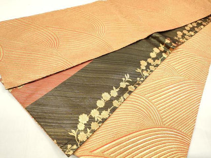 平和屋着物◎佐賀錦　両面　全通柄袋帯　斜縞枝花文　金糸　正絹　逸品　DAAZ8622qa