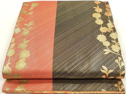 平和屋着物◎佐賀錦　両面　全通柄袋帯　斜縞枝花文　金糸　正絹　逸品　DAAZ8622qa