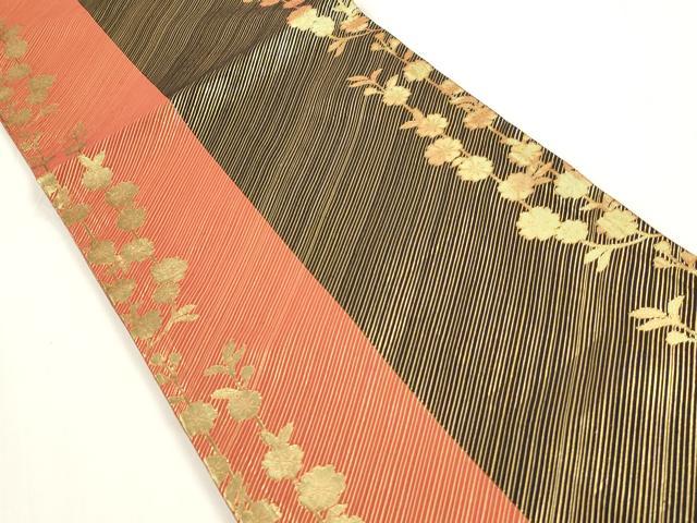 平和屋着物◎佐賀錦　両面　全通柄袋帯　斜縞枝花文　金糸　正絹　逸品　DAAZ8622qa
