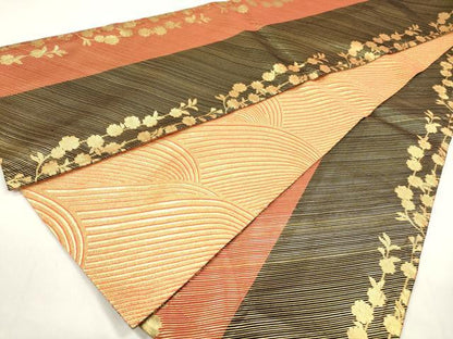 平和屋着物◎佐賀錦　両面　全通柄袋帯　斜縞枝花文　金糸　正絹　逸品　DAAZ8622qa