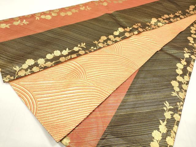 平和屋着物◎佐賀錦　両面　全通柄袋帯　斜縞枝花文　金糸　正絹　逸品　DAAZ8622qa