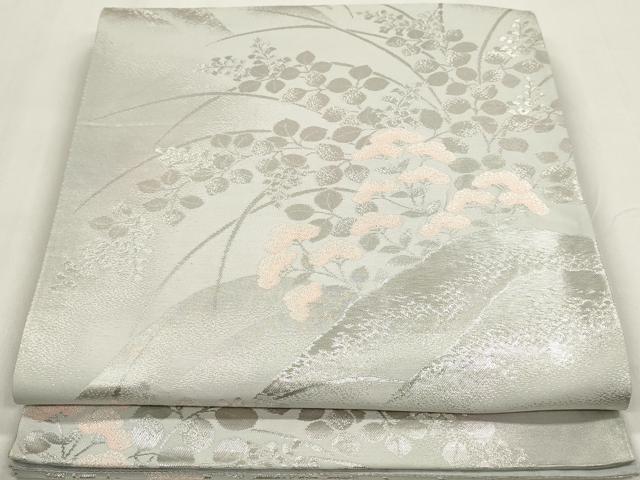 平和屋着物◎六通柄袋帯 重ね山花文 銀糸 正絹 逸品 DAAZ8639qa