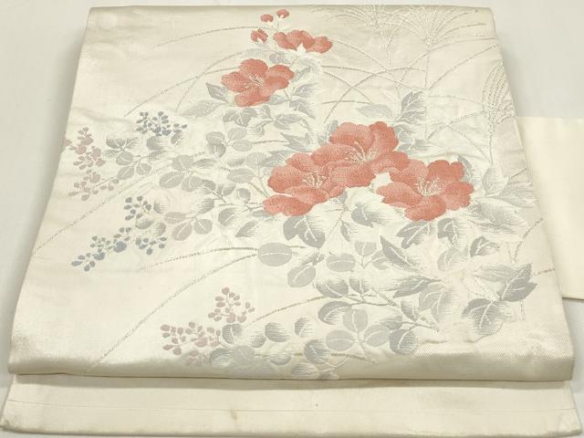 平和屋着物◎九寸名古屋帯　草花文　銀糸　正絹　逸品　DAAZ8641qa