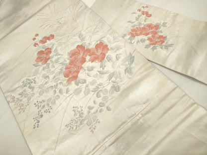 平和屋着物◎九寸名古屋帯　草花文　銀糸　正絹　逸品　DAAZ8641qa
