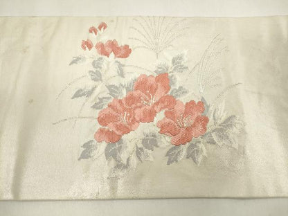 平和屋着物◎九寸名古屋帯　草花文　銀糸　正絹　逸品　DAAZ8641qa