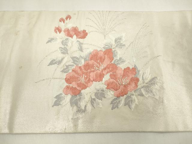 平和屋着物◎九寸名古屋帯　草花文　銀糸　正絹　逸品　DAAZ8641qa