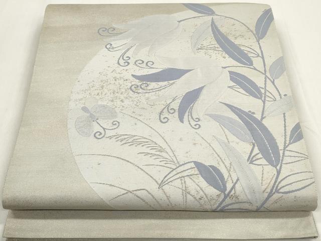 平和屋着物◎太鼓柄袋帯　花蝶文　銀糸　正絹　逸品　DAAZ8655qa