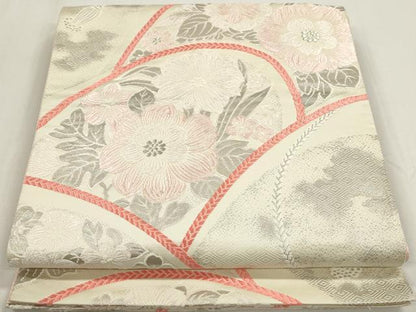 平和屋着物◎六通柄袋帯　舞草花文　銀糸　正絹　逸品　DAAZ8658qa