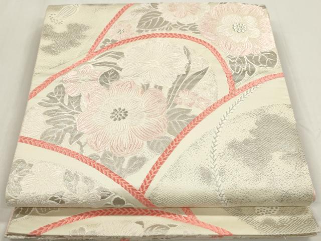 平和屋着物◎六通柄袋帯　舞草花文　銀糸　正絹　逸品　DAAZ8658qa