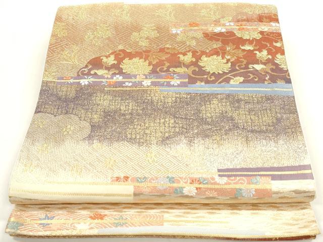 平和屋着物◎六通柄袋帯　更紗横段文　白鳳錦　金糸　正絹　逸品　DAAZ8672qa