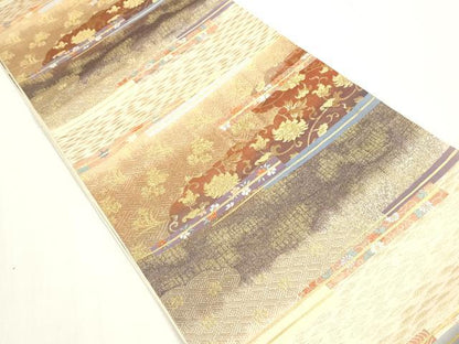 平和屋着物◎六通柄袋帯　更紗横段文　白鳳錦　金糸　正絹　逸品　DAAZ8672qa