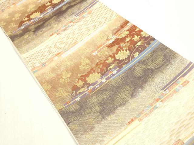 平和屋着物◎六通柄袋帯　更紗横段文　白鳳錦　金糸　正絹　逸品　DAAZ8672qa