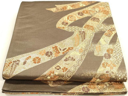 平和屋着物◎六通柄袋帯　葛帯　花蝶文　金糸　正絹　逸品　DAAZ8681qa