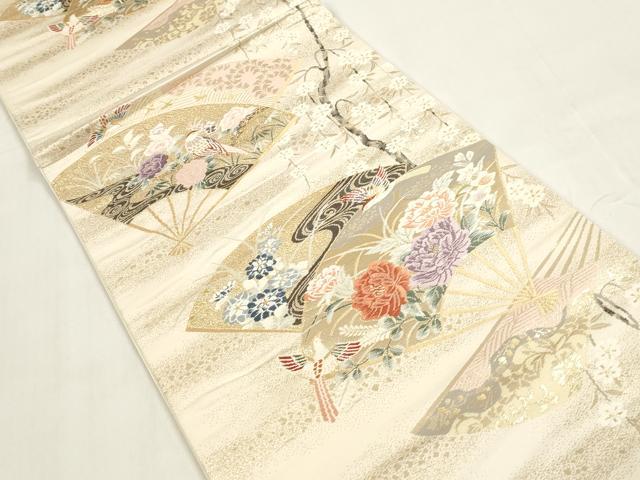 平和屋着物◎六通柄袋帯　唐織　扇面花鳥文　金糸　正絹　逸品　DAAZ8687qa