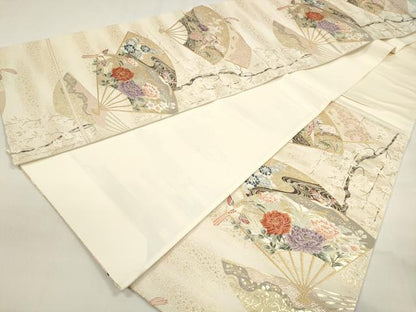 平和屋着物◎六通柄袋帯　唐織　扇面花鳥文　金糸　正絹　逸品　DAAZ8687qa