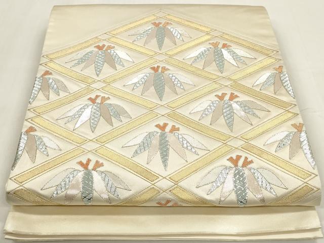 平和屋着物◎太鼓柄袋帯 駒刺繍 笹菱文 正絹 逸品 DAAZ8694qa