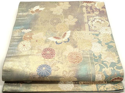 平和屋着物◎六通柄袋帯 花蝶文 金糸 引箔 正絹 逸品 DAAZ8721qa