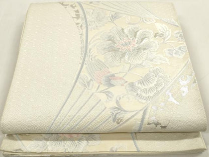 平和屋着物◎六通柄袋帯 唐織 扇面花鳥文 銀糸 正絹 逸品 DAAZ8723qa