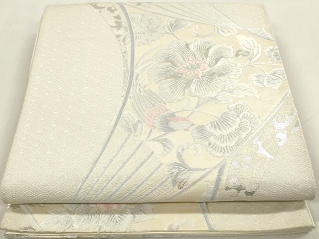 平和屋着物◎六通柄袋帯 唐織 扇面花鳥文 銀糸 正絹 逸品 DAAZ8723qa