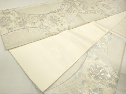 平和屋着物◎六通柄袋帯 唐織 扇面花鳥文 銀糸 正絹 逸品 DAAZ8723qa