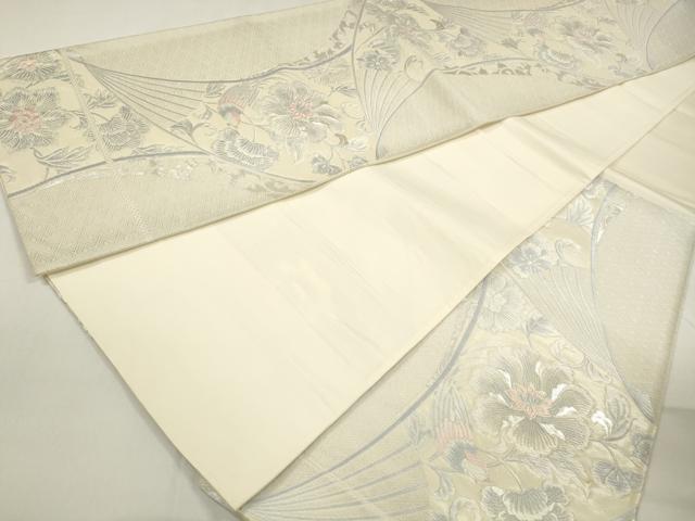 平和屋着物◎六通柄袋帯 唐織 扇面花鳥文 銀糸 正絹 逸品 DAAZ8723qa