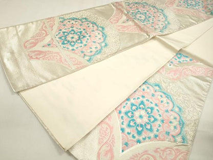 平和屋着物◎西陣 小寺織物謹製 六通柄袋帯 唐織 正倉院花文 銀糸 証紙付き 正絹 逸品 DAAZ8724qa