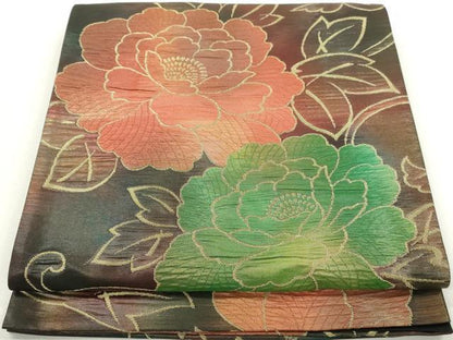 平和屋着物◎六通柄袋帯 ふくれ織 唐草花文 金糸 正絹 逸品 DAAZ8779qa