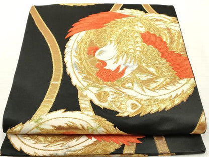 平和屋着物◎六通柄袋帯　唐織　立涌鳳凰文　黒地　金糸　正絹　逸品　DAAZ8831qa
