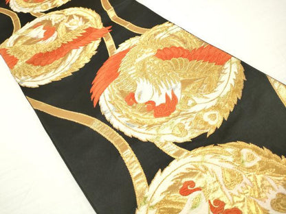 平和屋着物◎六通柄袋帯　唐織　立涌鳳凰文　黒地　金糸　正絹　逸品　DAAZ8831qa