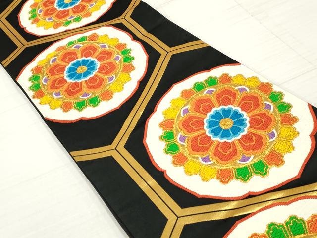 平和屋着物◎六通柄袋帯　唐織　亀甲正倉院花文　黒地　金糸　正絹　逸品　DAAZ8859qa