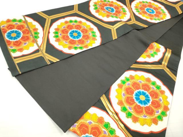 平和屋着物◎六通柄袋帯　唐織　亀甲正倉院花文　黒地　金糸　正絹　逸品　DAAZ8859qa