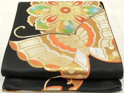 平和屋着物◎六通柄袋帯　花蝶文　黒地　金銀糸　正絹　逸品　DAAZ8866qa