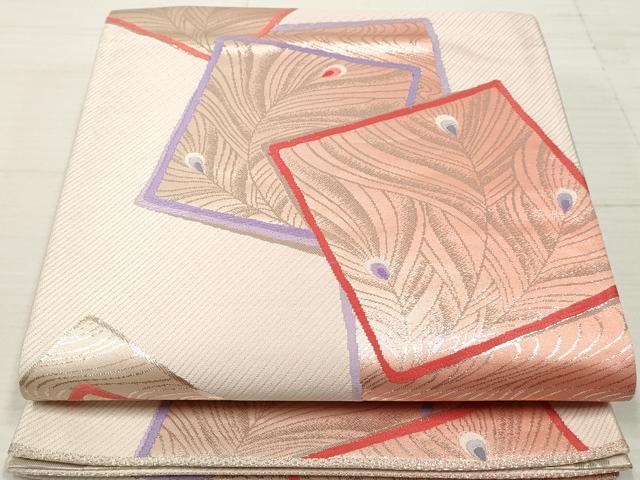平和屋着物◎両面　六通柄袋帯　唐織　色紙孔雀羽文　銀糸　正絹　逸品　DAAZ8879qa