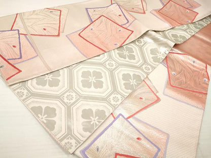 平和屋着物◎両面　六通柄袋帯　唐織　色紙孔雀羽文　銀糸　正絹　逸品　DAAZ8879qa