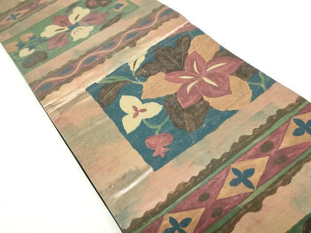 平和屋着物◎六通柄袋帯 手描き 幾何学花文 引箔 正絹 逸品
