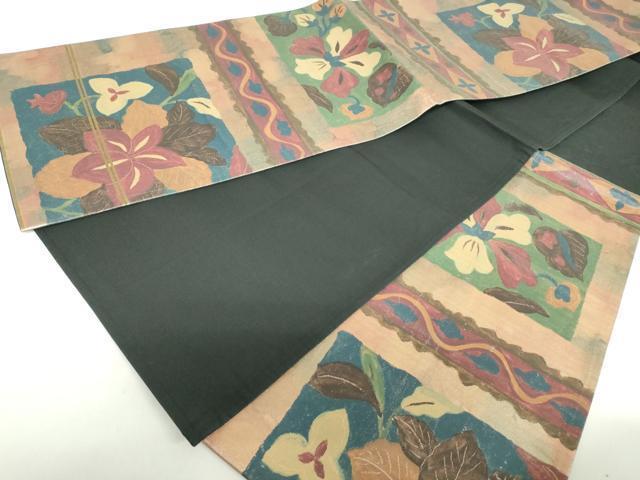 花柄　幾何学模様　正絹　袋帯　ポイント柄 花柄幾何学模様正絹袋帯ポイント柄