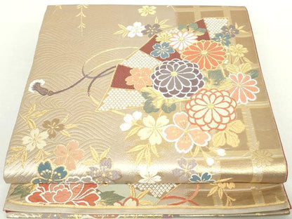 平和屋着物◎六通柄袋帯　唐織　舞花檜扇文　金糸　正絹　逸品　DAAZ8901qa