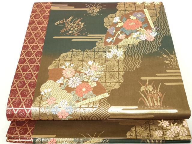 平和屋着物◎両面　六通柄袋帯　唐織　地紙花文　金糸　正絹　逸品　DAAZ8911qa