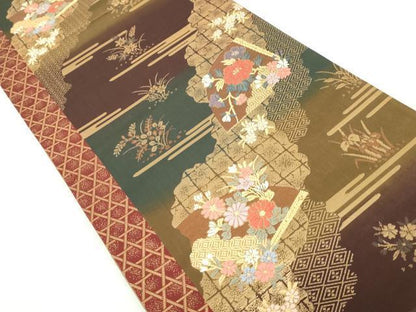 平和屋着物◎両面　六通柄袋帯　唐織　地紙花文　金糸　正絹　逸品　DAAZ8911qa