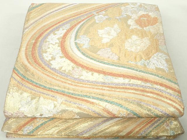 平和屋着物◎佐賀錦 両面 六通柄袋帯 流水花文 金銀糸