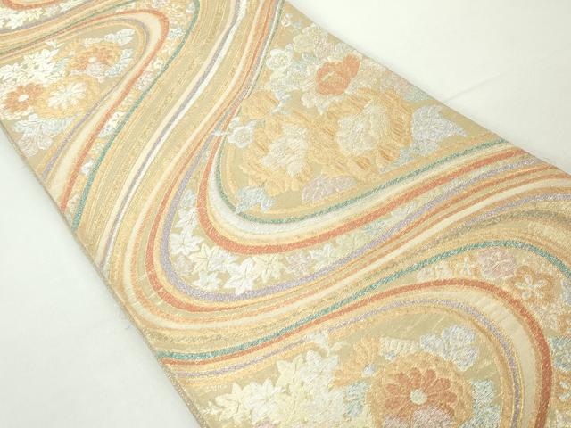 平和屋着物◎佐賀錦 両面 六通柄袋帯 流水花文 金銀糸