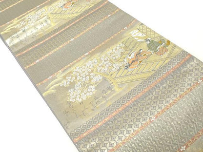 平和屋着物◎六通柄袋帯　人物風景文　金糸　引箔　正絹　逸品　DAAZ8931qa