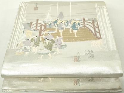 平和屋着物◎六通柄袋帯　風景人物文　プラチナ二重箔　正絹　逸品　DAAZ8949qa