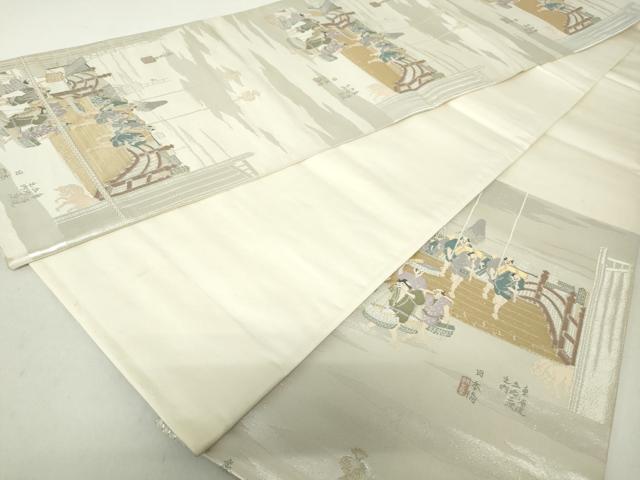 平和屋着物◎六通柄袋帯　風景人物文　プラチナ二重箔　正絹　逸品　DAAZ8949qa