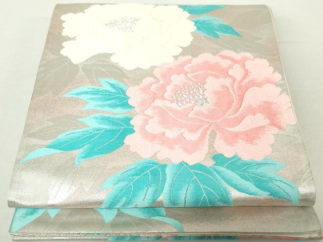 平和屋着物◎六通柄袋帯 唐織 草花文 牡丹 銀糸 正絹 逸品 DAAZ8959qa