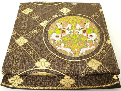 平和屋着物◎六通柄袋帯　唐織　狩猟円文　金糸　正絹　逸品　DAAZ8962qa