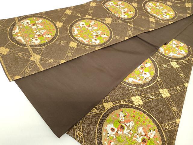 平和屋着物◎六通柄袋帯　唐織　狩猟円文　金糸　正絹　逸品　DAAZ8962qa